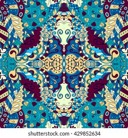 Tracery colorful pattern. Mehendi carpet design. Ethnic colorful harmonious doodle texture. Indifferent discreet. Curved doodling mehndi motif. Vector.