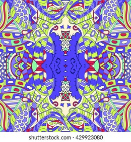 Tracery colorful pattern. Mehendi carpet design. Ethnic colorful harmonious doodle texture. Indifferent discreet. Curved doodling mehndi motif. Vector.