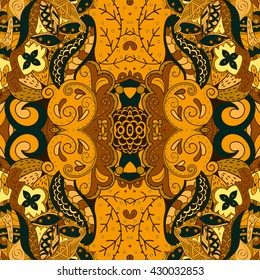 Tracery colorful pattern. Mehendi carpet design. Ethnic colorful harmonious doodle texture. Indifferent discreet. Curved doodling mehndi motif. Vector.