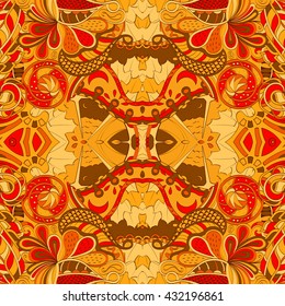 Tracery colorful pattern. Mehendi symmetry carpet design. Ethnic colorful doodle texture. Indifferent discreet. Curved doodling mehndi motif. Vector.