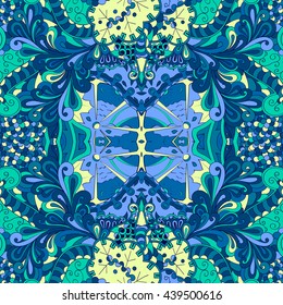 Tracery colorful pattern. Mehendi symmetry carpet design. Ethnic colorful doodle texture. Indifferent discreet. Curved doodling mehndi motif. Vector.