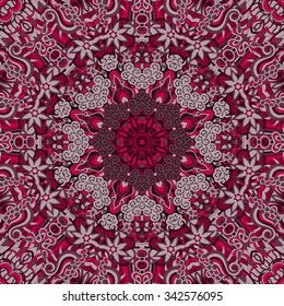 Tracery colorful red pattern. Mehendi carpet design. Neat even harmonious calming doodle texture. Also seamless. Indifferent discreet. Ambitious bracing usable, curved doodling mehndi. Vector.