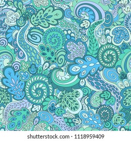 Tracery doodle seamless pattern. Vector colorful texture. Outline abstract wavy drawing.
