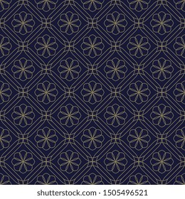 Tracery floral pattern elegant oriental design. Octagon lineal flowers motif dark lavender color background. Simple symmetrical elements mosaic ornament. Print block for apparel textile, dress fabric.