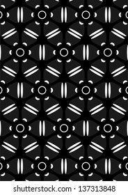 Tracery in the form of a wavy abstract line and different geometrical figures on black background.