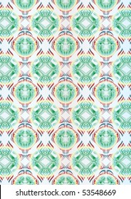 Tracery in the form of wavy lines and various geometric abstract shapes on a light blue background.
