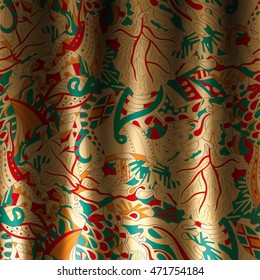 Tracery horizontal seamless pattern with mehndi design. Realistic curtains imitation. Colorful doodle fabric texture. Vector.