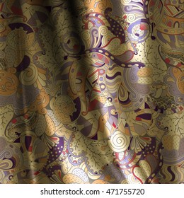 Tracery horizontal seamless pattern with mehndi design. Realistic curtains imitation. Colorful doodle fabric texture. Vector.
