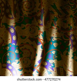Tracery horizontal seamless pattern with mehndi design. Realistic curtains imitation. Colorful fabric doodle texture. Vector.