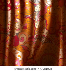 Tracery horizontal seamless pattern with mehndi design. Realistic curtains imitation. Colorful fabric doodle texture. Vector.