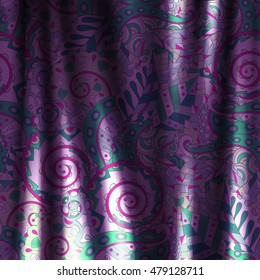 Tracery horizontal seamless pattern with mehndi design. Realistic curtains imitation. Colorful fabric doodle texture. Vector.