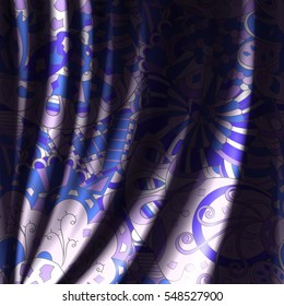 Tracery horizontal seamless pattern with mehndi design. Realistic curtains imitation. Colorful fabric doodle texture. Vector.