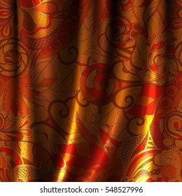 Tracery horizontal seamless pattern with mehndi design. Realistic curtains imitation. Colorful fabric doodle texture. Vector.