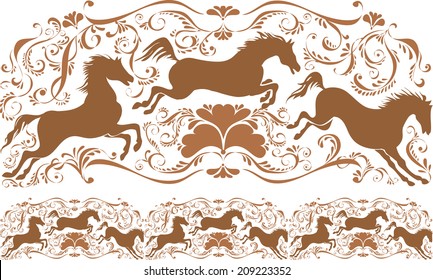 Tracery with horses and monograms. Ornament vector pattern. Vintage ornament. Decorative modules comprising.