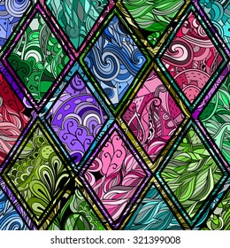 Tracery loops, doodle wind pattern in the style of stained glass. Mehendi paisley, stem, spiral, wave, bud mehndi design. Handmade doodling design. For site background, printing. Vector.