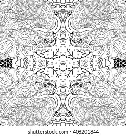 Tracery monochrome binary pattern. Mehendi carpet design. Ethnic colorful harmonious doodle texture. Indifferent discreet. Black and white. Curved doodling mehndi motif. Vector.