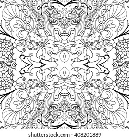 Tracery monochrome binary pattern. Mehendi carpet design. Ethnic colorful harmonious doodle texture. Indifferent discreet. Black and white. Curved doodling mehndi motif. Vector.