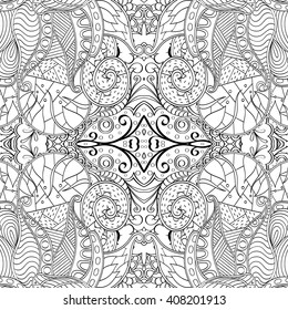 Tracery monochrome binary pattern. Mehendi carpet design. Ethnic colorful harmonious doodle texture. Indifferent discreet. Black and white. Curved doodling mehndi motif. Vector.