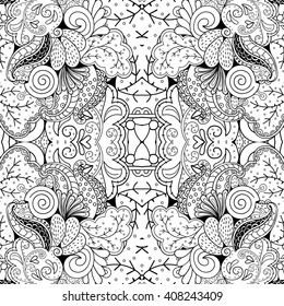 Tracery monochrome binary pattern. Mehendi carpet design. Ethnic colorful harmonious doodle texture. Indifferent discreet. Black and white. Curved doodling mehndi motif. Vector.