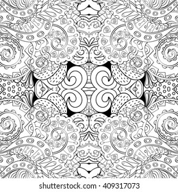 Tracery monochrome binary pattern. Mehendi carpet design. Ethnic colorful harmonious doodle texture. Indifferent discreet. Black and white. Curved doodling mehndi motif. Vector.