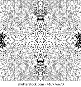 Tracery monochrome binary pattern. Mehendi carpet design. Ethnic colorful harmonious doodle texture. Indifferent discreet. Black and white. Curved doodling mehndi motif. Vector.
