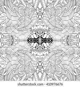 Tracery monochrome binary pattern. Mehendi carpet design. Ethnic colorful harmonious doodle texture. Indifferent discreet. Black and white. Curved doodling mehndi motif. Vector.