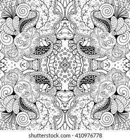 Tracery monochrome binary pattern. Mehendi carpet design. Ethnic colorful harmonious doodle texture. Indifferent discreet. Black and white. Curved doodling mehndi motif. Vector.