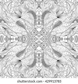 Tracery monochrome binary pattern. Mehendi carpet design. Ethnic colorful harmonious doodle texture. Indifferent discreet. Black and white. Curved doodling mehndi motif. Vector.