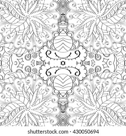 Tracery monochrome binary pattern. Mehendi carpet design. Ethnic colorful harmonious doodle texture. Indifferent discreet. Black and white. Curved doodling mehndi motif. Vector.