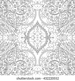 Tracery monochrome binary pattern. Mehendi symmetry carpet design. Ethnic colorful doodle texture. Indifferent discreet. Black and white. Curved doodling mehndi motif. Vector.