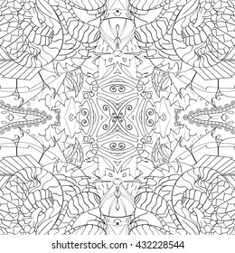 Tracery monochrome binary pattern. Mehendi symmetry carpet design. Ethnic colorful doodle texture. Indifferent discreet. Black and white. Curved doodling mehndi motif. Vector.