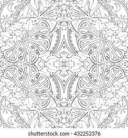 Tracery monochrome binary pattern. Mehendi symmetry carpet design. Ethnic colorful doodle texture. Indifferent discreet. Black and white. Curved doodling mehndi motif. Vector.