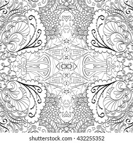 Tracery monochrome binary pattern. Mehendi symmetry carpet design. Ethnic colorful doodle texture. Indifferent discreet. Black and white. Curved doodling mehndi motif. Vector.