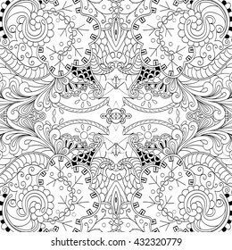 Tracery monochrome binary pattern. Mehendi symmetry carpet design. Ethnic colorful doodle texture. Indifferent discreet. Black and white. Curved doodling mehndi motif. Vector.