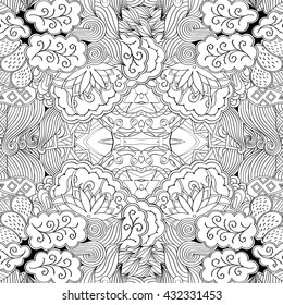 Tracery monochrome binary pattern. Mehendi symmetry carpet design. Ethnic colorful doodle texture. Indifferent discreet. Black and white. Curved doodling mehndi motif. Vector.