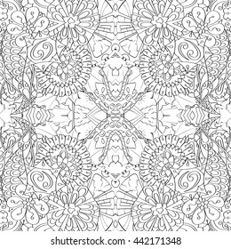 Tracery monochrome binary pattern. Mehendi symmetry carpet design. Ethnic colorful doodle texture. Indifferent discreet. Black and white. Curved doodling mehndi motif. Vector.