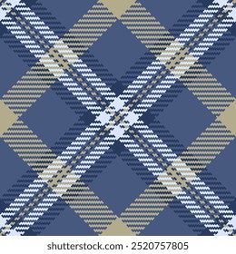 Tracery pattern check seamless, nice tartan textile texture. Domestic background plaid vector fabric in blue and pastel colors palette.