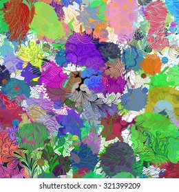 Tracery pattern with ink blots. Mehendi design. Neat even colorful harmonious doodle texture. Indifferent discreet. Ambitious bracing usable, curved doodling mehndi. Colorful ink spots. Vector.