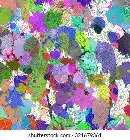 Tracery pattern with ink blots. Mehendi design. Neat even colorful harmonious doodle texture. Indifferent discreet. Ambitious bracing usable, curved doodling mehndi. Colorful ink spots. Vector.