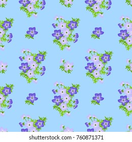 Tracery pattern in mini delicious blue flowers. Trendy bright colors millefleurs. Floral seamless background for textile or book covers, manufacturing, wallpapers, print, gift wrap and scrapbooking