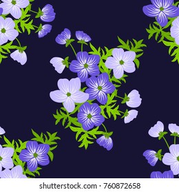 Tracery pattern in mini delicious blue flowers. Trendy bright colors. Floral seamless navy background for textile or book covers, manufacturing, wallpapers, print, gift wrap and scrapbooking