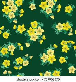 Tracery pattern in mini delicious flowers of yellow buttercup. Trendy liberty style. Floral seamless background for textile or book covers, manufacturing, wallpapers, print, gift wrap and scrapbooking