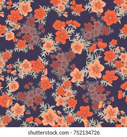 Tracery pattern in mini delicious flowers of red buttercup. Trendy liberty style. Floral seamless background for textile or book covers, manufacturing, wallpapers, print, gift wrap and scrapbooking