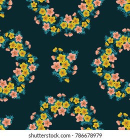 Tracery pattern in mini delicious flowers of yellow buttercup. Trendy liberty style. Floral seamless background for textile or book covers, manufacturing, wallpapers, print, gift wrap and scrapbooking