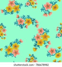 Tracery pattern in mini delicious flowers of yellow buttercup. Trendy liberty style. Floral seamless background for textile or book covers, manufacturing, wallpapers, print, gift wrap and scrapbooking