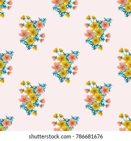Tracery pattern in mini delicious flowers of yellow buttercup. Trendy liberty style. Floral seamless background for textile or book covers, manufacturing, wallpapers, print, gift wrap and scrapbooking