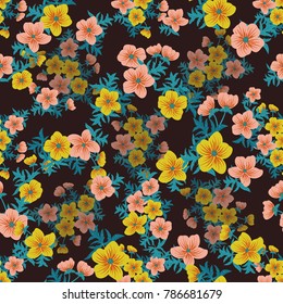 Tracery pattern in mini delicious flowers of yellow buttercup. Trendy liberty style. Floral seamless background for textile or book covers, manufacturing, wallpapers, print, gift wrap and scrapbooking