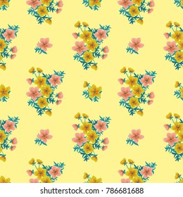 Tracery pattern in mini delicious flowers of yellow buttercup. Trendy liberty style. Floral seamless background for textile or book covers, manufacturing, wallpapers, print, gift wrap and scrapbooking