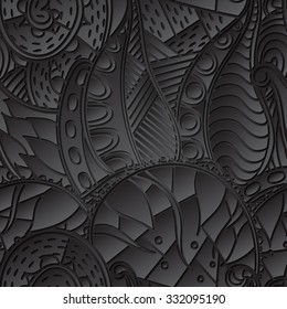 Tracery seamless calming black pattern. Mehendi design. Neat even harmonious doodle texture. Ambitious bracing usable handmade, discreet curved doodling mehndi. Indifferent faded motif. Vector.