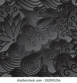 Tracery seamless calming black pattern. Mehendi design. Neat even harmonious doodle texture. Ambitious bracing usable handmade, discreet curved doodling mehndi. Indifferent faded motif. Vector.